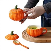 Mug en céramique mignon en forme de citrouille pour le lait et le café avec couvercle, design élégant et raffiné, style frais et naturel
