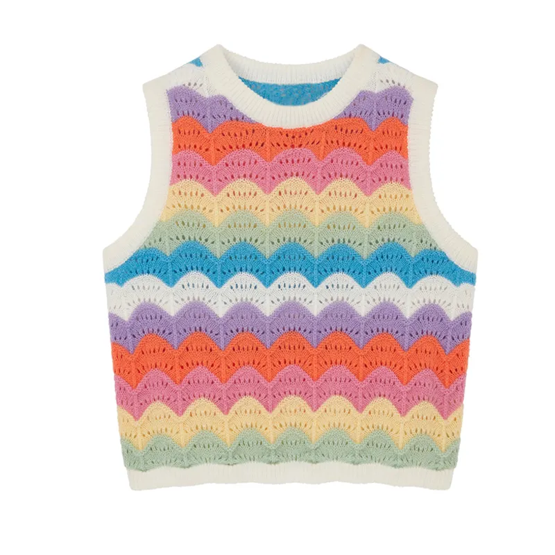 2023 Summer Custom Fashion Design Crochet Hollow Wave Stripe Fan Pattern Sleeveless Top Knitted Vest Women Sweater
