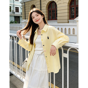 <span class=keywords><strong>Camicia</strong></span> Gialla Casual di Alta Qualità per <span class=keywords><strong>Donna</strong></span>, <span class=keywords><strong>Colletto</strong></span> a Polo con Ricamo di Gatto Cartoon, Alla Moda, Produzione di Fabbrica - Product Image 1