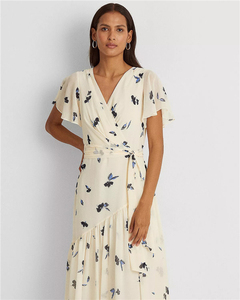 2022 été mode femmes élégant manches courtes flutter surplis col en V Floral Wrap longue Maxi robe avec ourlet asymétrique - Product Image 4