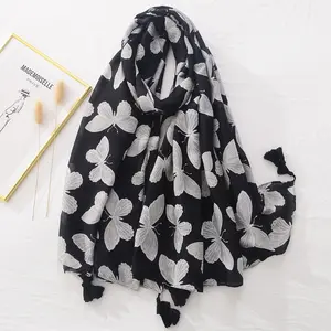 High Quality Luxury Cotton Scarf For Women Flower Printed Large Scarves Shawls Hijab With Tassel 2023