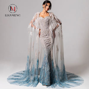 Vestido de Noche Personalizado <span class=keywords><strong>LIAN</strong></span> D10, Vestido de Gala con Capa Azul Pluma, Estilo Árabe Dubai, Cristal, Manga Larga, Vestido de Fiesta para Alfombra Roja, Encaje Natural - Product Image 1