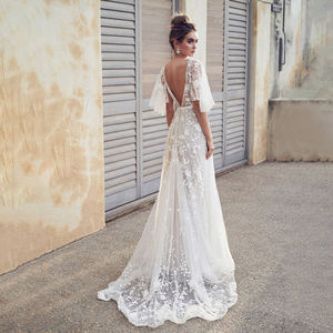 فستان زفاف أبيض من الدانتيل برقبة شكل V وأكمام مكشكشة عارية الظهر ملابس نسائية بسحاب خلفي فساتين سهرة طويلة أنيقة 50 منسوجة - Product Image 6