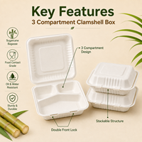 Boîte à clapet tendance en bagasse compostable et durable à 3 compartiments, conteneur biodégradable à charnière pour la restauration et le traiteur