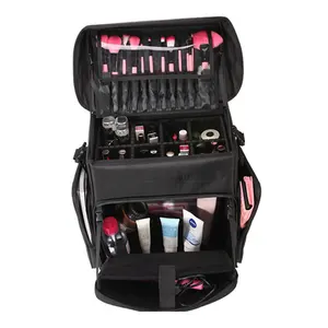 Exquisite Factory Black Nylon Professional Trolley Bag Cosmetic Train Case with Rolling Makeup Compartment