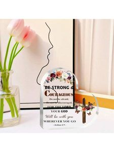 Regalo cristiano Joshua God escritura placa acrílica, fuerte valiente alentador para niños y niñas, escritorio de flores cruzadas en forma de corazón - Product Image 5