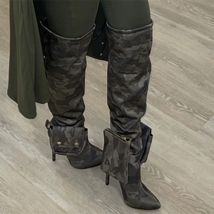 Botas de Mujer Hechas a Medida, Botas de Tacón Alto con Punta Puntiaguda y Camuflaje, Botas Largas por Encima de la Rodilla con Bolsillos - Product Image 3