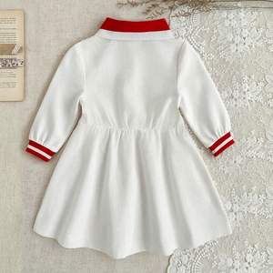 <span class=keywords><strong>Robe</strong></span> classique pour petites filles, blanche, à manches longues, col polo rouge, imprimé dessin animé, plissée, tenue décontractée pour l'école, personnalisable - Product Image 2