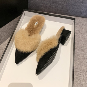<span class=keywords><strong>Mules</strong></span> à bout pointu pour femmes, pantoufles fourrées et moelleuses avec bordure en fourrure, talon bas, mode, pour l'extérieur, à enfiler - Product Image 6