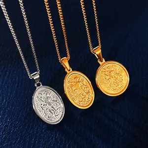 Factory Hot Saint Michael Necklace Stainless Steel 18k Gold Plated Religious Catholic St. Michael The Archangel Oval Necklace