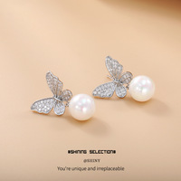 Boucles d'oreilles tendance en perles et cristaux pour femmes, vente en gros, boucles d'oreilles papillon en perles, cuivre et zircon