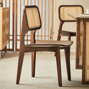 Sedia da Pranzo Scandinava <span class=keywords><strong>in</strong></span> <span class=keywords><strong>Legno</strong></span> Massello con Schienale <span class=keywords><strong>in</strong></span> Rattan - Finiture <span class=keywords><strong>in</strong></span> <span class=keywords><strong>Legno</strong></span> Scuro, Sedia Laterale <span class=keywords><strong>per</strong></span> <span class=keywords><strong>Cucina</strong></span>, Casa e Ristorante - Product Image 1