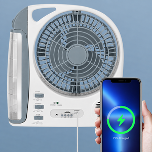 Ventilateur solaire portable avec panneau solaire rechargeable, lumière LED 8 pouces, radio <span class=keywords><strong>FM</strong></span>, charge USB pour le camping et les situations d'urgence - Product Image 5