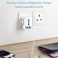 Adaptateur de voyage italien pour le Royaume-Uni, multiprise avec 3 prises CA, 3 ports USB, 1 port Type-C, en cuivre, 13A, résistant aux manipulations, boîtier ignifuge