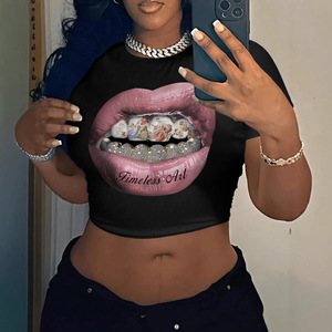 T-<span class=keywords><strong>shirt</strong></span> court pour <span class=keywords><strong>femme</strong></span>, imprimé lèvres sexy, style gothique Harajuku, coupe slim, été, mode urbaine, vente en gros - Product Image 1