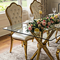 Table à manger rectangulaire en verre miroir de luxe léger, base en acier inoxydable plaqué or, démontable et assemblable, livraison directe