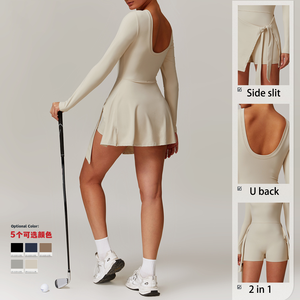 Benutzer definiertes Logo U Zurück 2 in 1 Bodycon Tennis kleid Langarm Golf Badminton Pickle ball Kleid Nude Feel Side Slit Sport kleid - Product Image 2