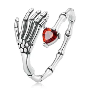 Wholesale Designs Luxury Gothic 925 Sterling Men Ruby Heart Cubic Zirconia Jewelry Ring Skeleton Hand Ring