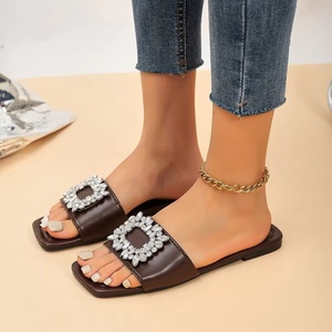 Latest Fashion High Quality Elegant Ladies Summer Rhinestones Flat Sandals Women's PU Leather Slip-on Slippers Wholesale shoes - Product Image 2