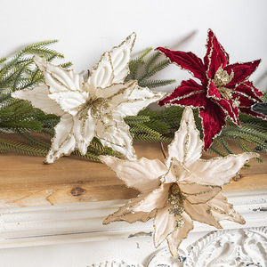 Rama decorativa de Navidad de gama alta de 26CM, flor, tela de terciopelo con purpurina dorada roja, adornos navideños artificiales - Product Image 3