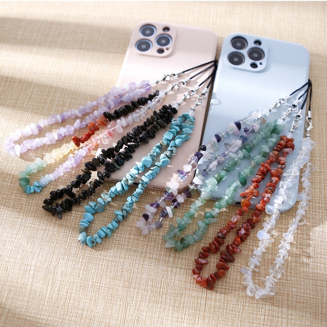 Natural Stone Chip Bead Phone Charm Strap Beaded Bag Pendant Mobile Chain Crystal Gemstone Phone Wrist Strap Wholesale