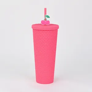 Low Moq Stock 24oz Solid Color Kids Outdoor Drink Juicy Bottles Beverages Durian Cup With Rubber Paint Straw