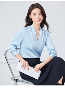 <span class=keywords><strong>เสื้อ</strong></span>ชีฟองคอวีแขนยาวสำหรับผู้<span class=keywords><strong>หญิง</strong></span>กระโปรงจีบคลุมเข่าชุดใส่ทำงานมีกระดุมสำหรับครูสั่งฤดูใบไม้ผลิโลโก้ได้ตามต้องการ - Product Image 6