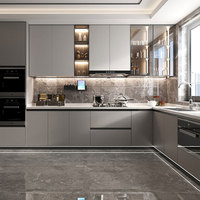 Ensemble de meubles de cuisine modernes en bois, modulaires et sur mesure, en forme de L, avec portes, comptoir en marbre et robinet - Ensemble de meubles en contreplaqué écologique
