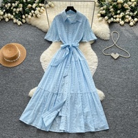 Robe longue décontractée pour femme, coupe trapèze, col chemise, manches courtes, ceinturée, ajourée, pour le quotidien