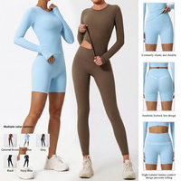 Ensemble de yoga 3 pièces respirant et léger pour femme : haut à manches longues, short taille haute et leggings longs pour la gym et la course à pied