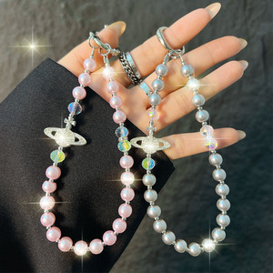 Lanière <span class=keywords><strong>de</strong></span> téléphone portable en forme <span class=keywords><strong>de</strong></span> <span class=keywords><strong>Saturne</strong></span> incrustée <span class=keywords><strong>de</strong></span> diamants - Bracelet en perles, design multifonctionnel, porte-clés, pendentif multicolore - Product Image 2