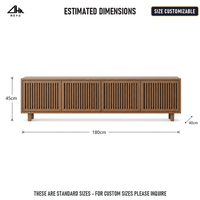 Meuble TV en bois cannelé avec 4 portes, portes à ouverture par pression, 180 cm, console multimédia pour salon