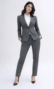 Traje gris a rayas para mujer, conjunto de blazer y pantalones a medida, ropa formal elegante para oficina, traje de pantalón profesional elegante, moderno y corporativo - Product Image 4