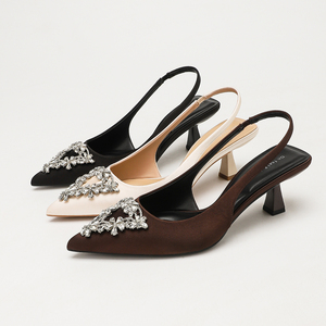 Escarpins en satin pour femme à bride arrière, à bout pointu, à <span class=keywords><strong>talon</strong></span> chaton, ornés de strass, élégants, pour mariage, mariée, soirée et cérémonie - Product Image 1