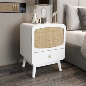 White Nightstand Bedside Table with Storage Drawer Rattan Door