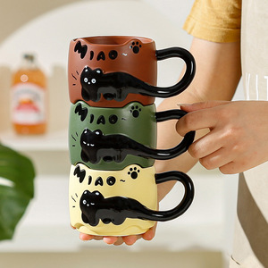 Wholesale Embossed Little Black cat Mugs Creative Cute Ceramic <b>Cups</b> Stacked <b>Cups</b> Milk Coffee Breakfast <b>Cups</b> - Product Image 1