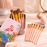 Kit de 12 pinceaux de maquillage rose pour le visage avec étui de rangement métallique – Pinceaux pour poudre, fond de teint, blush et sourcils