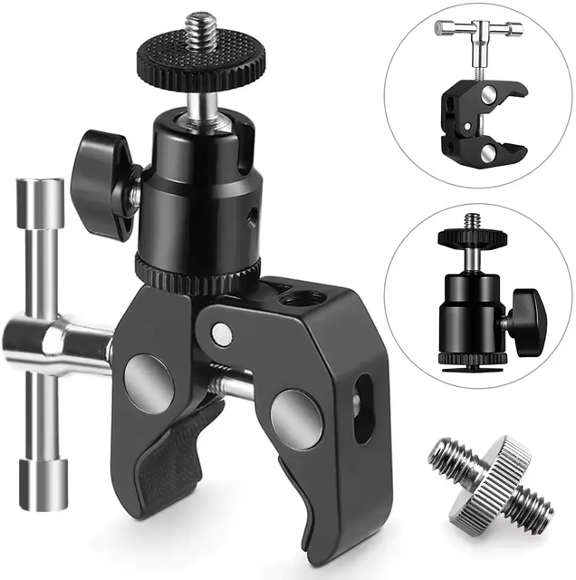 High Quality 360 Degree Rotate Super Spring Clamp with Mini Ball Head Mount 1/4 Screw Fixed Bracket Adapter for Handlebar/Tripod