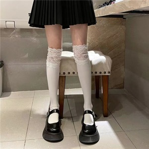 White Lace Calf <b>Socks</b> Women Mid Calf <b>Knee</b> <b>High</b> Japanese Style Lolita JK <b>Socks</b> Cotton Solid Color Half Leg Stockings - Product Image 3