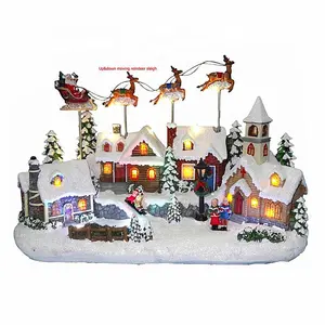 14'' LED Xmas Village With Up & Down Moving Reindeer Sleigh Christmas Resin Village Snow House Figurine for Festival Decoration