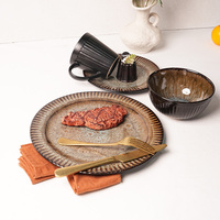 Assiette à steak en grès avec glaçure réactive gaufrée en céramique bol à céréales tasse à café ensemble de vaisselle marron