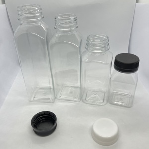 8/ 10/12/14/16 oz Bouteilles de jus en plastique carrées vides avec bouchons résistants à la température, Bouteille de boisson carrée transparente - Product Image 1