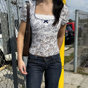 Women Floral Mesh Lace <b>Patchwork</b> Short Sleeve T Shirt Faux Two Piece Knit <b>Top</b> Slim Fit Casual Summer Fashion Tee - Product Image 4