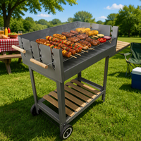 Barbecue au charbon de bois moderne haut de gamme en fer avec chariot et hauteur de cuisson réglable pour jardin et cuisine