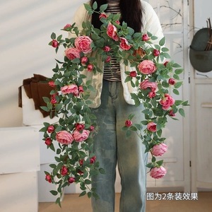 Artificial Rose Vines Bouquet <b>Wall</b> Hanging Decoration Plastic Creamy Style General <b>Decor</b> - Product Image 1