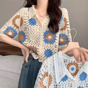 Cárdigan de punto vintage con cordones y manga corta para mujer, top corto con cuello en contraste, a la moda - Product Image 5