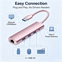 Hub USB 5 in 1 untuk Pemesanan Grosir, 3 USB3.0 5Gbps+Gigabit Ethernet+100W PD, Kabel Splitter Berbahan Aluminium dengan Jalinan Nilon untuk Laptop dan Desktop
