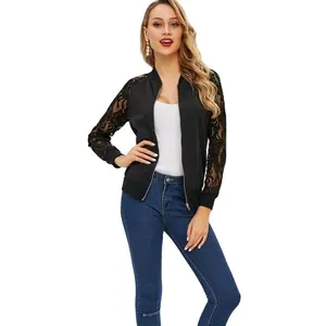 KY Jackets for Women 2023 Varsity Black Lace Panel sleeve Zip Up Summer Jacket