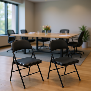 Chaise pliante D0100XU4TKU avec structure en acier, coussin en PVC noir, pour la maison, le bureau, usage commercial - Product Image 2