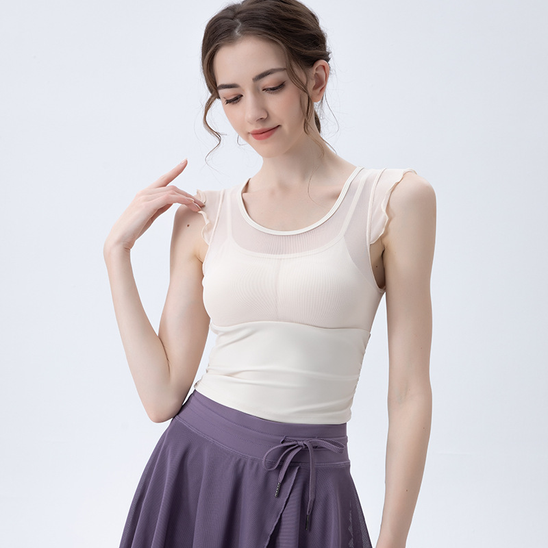 2024 New Factory Wholesale Summer Custom Women's Fitness Gauze Yoga Short Sleeve Top Built-in Bra